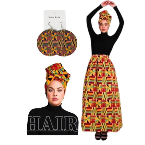 NWT ~ 3 Pcs. Ethnic African Skirt, Head Hair Scarf & Earrings ~ Women's Size MED - Picture 1 of 4